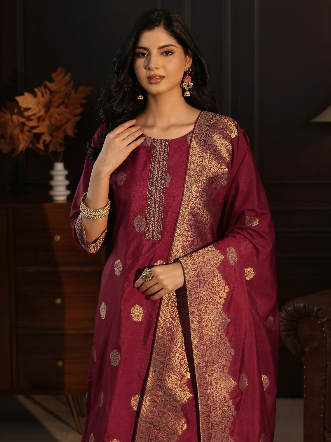 Mameraa Maroon Printed Chanderi Silk Straight Suit Set
