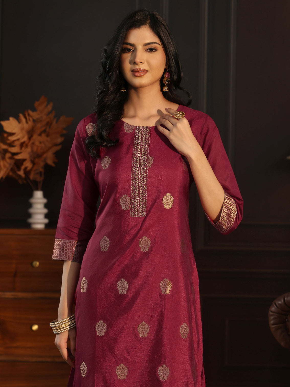 Mameraa Maroon Printed Chanderi Silk Straight Suit Set
