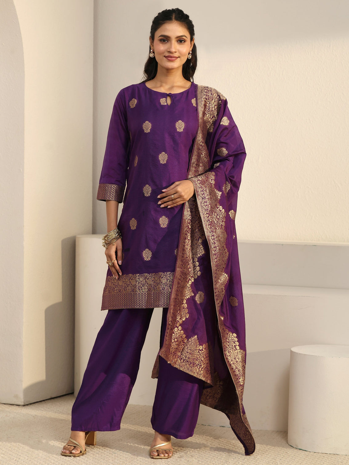 Mameraa Imperial Purple Woven Chanderi Silk Palazzo Suit Set
