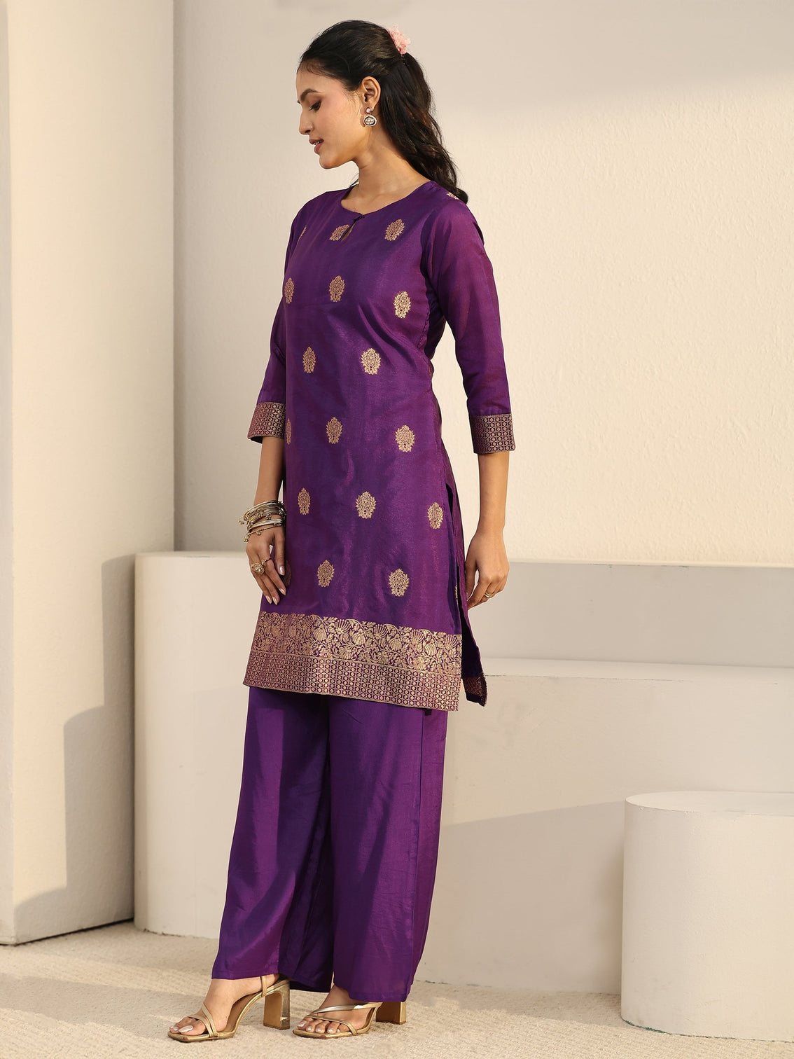 Mameraa Imperial Purple Woven Chanderi Silk Palazzo Suit Set