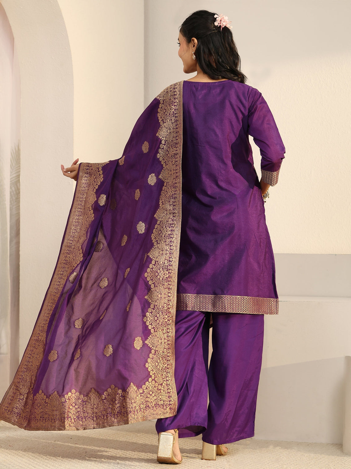 Mameraa Imperial Purple Woven Chanderi Silk Palazzo Suit Set