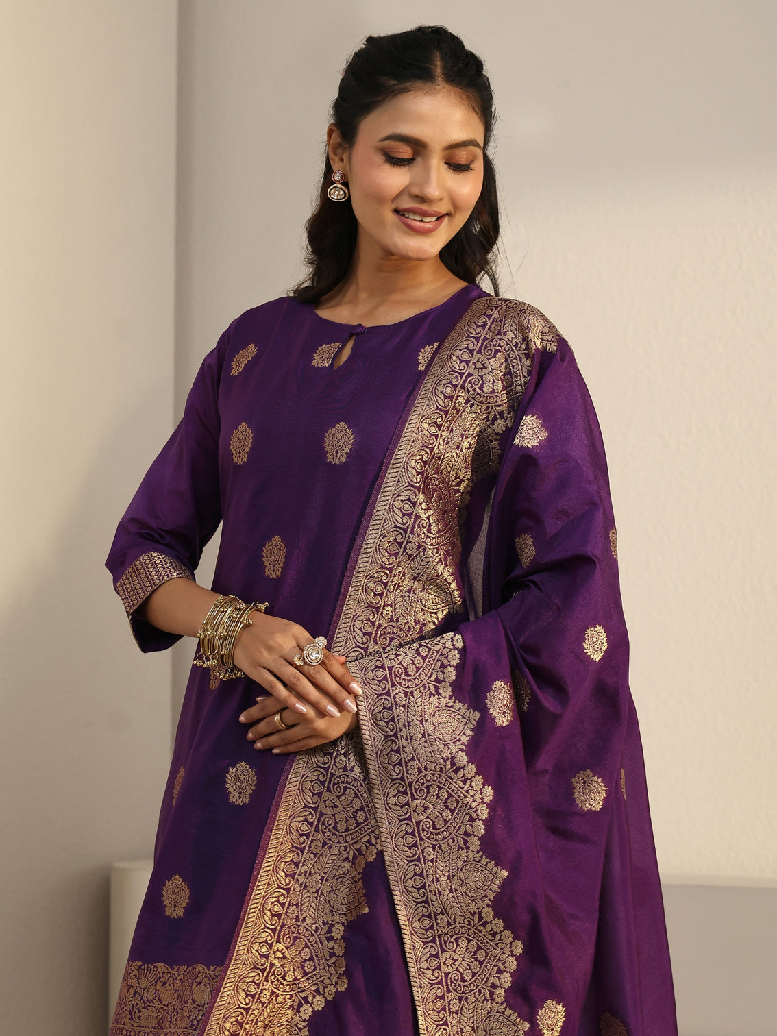 Mameraa Imperial Purple Woven Chanderi Silk Palazzo Suit Set