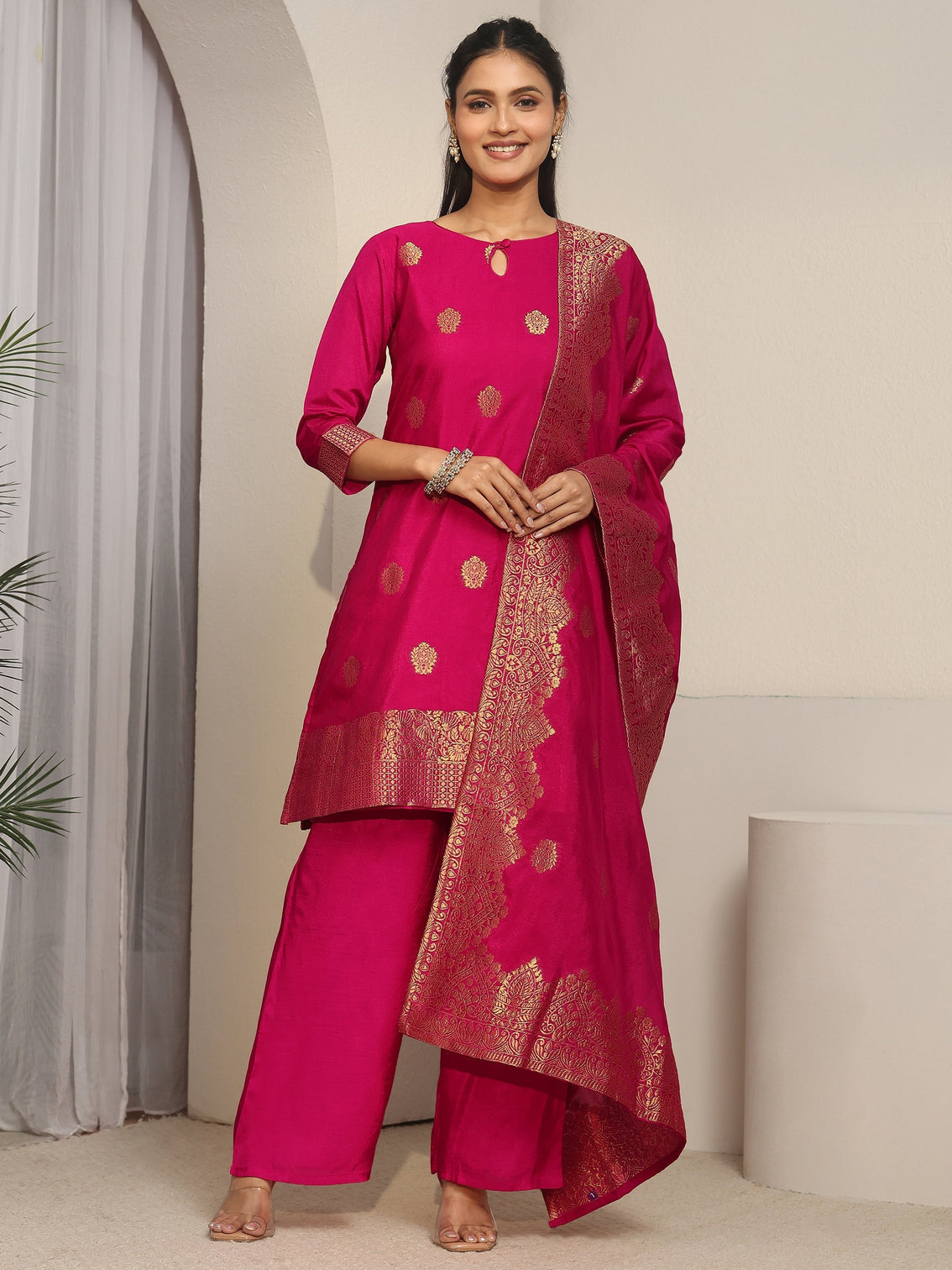 Mameraa Rani Pink Woven Chanderi Silk Palazzo Suit Set
