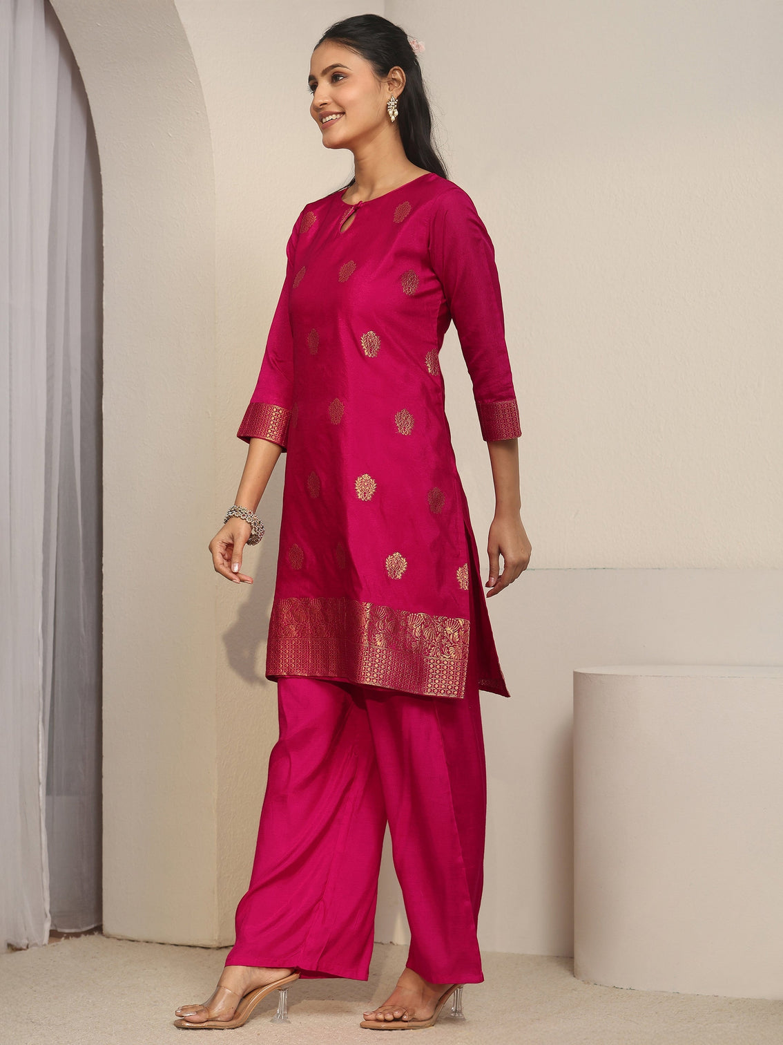 Mameraa Rani Pink Woven Chanderi Silk Palazzo Suit Set
