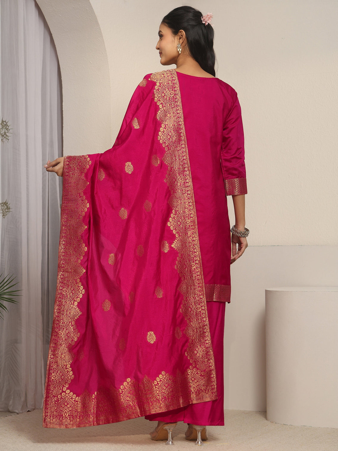 Mameraa Rani Pink Woven Chanderi Silk Palazzo Suit Set