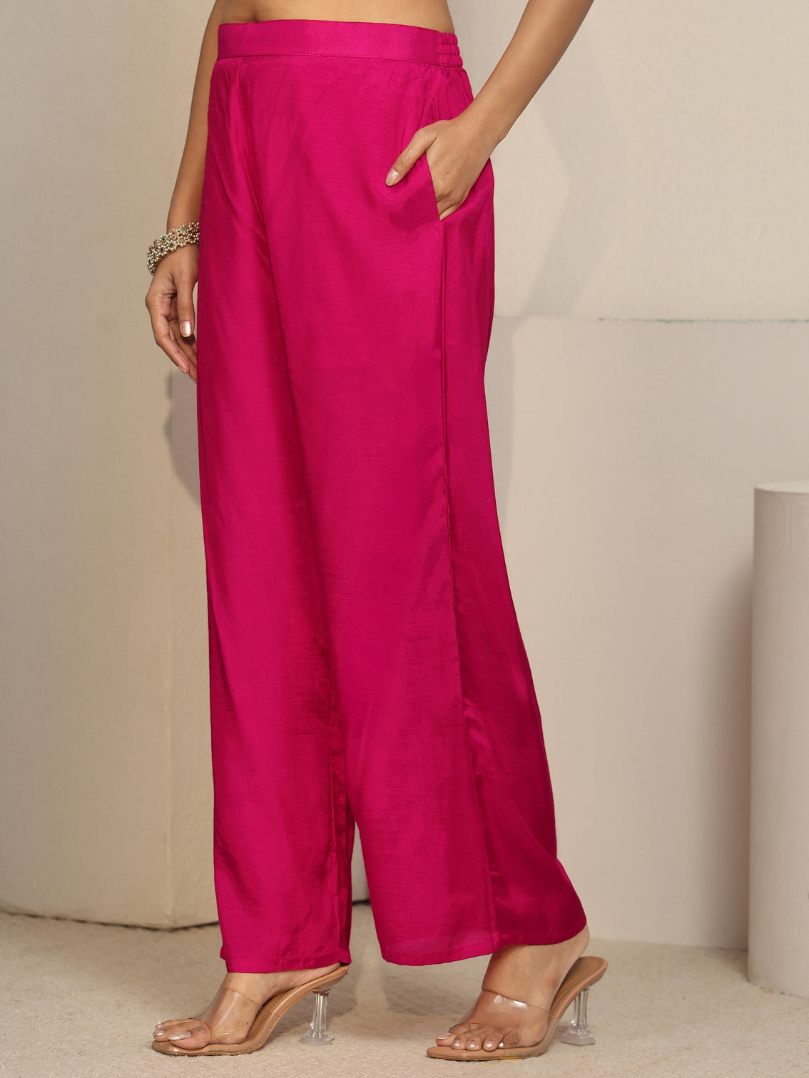 Mameraa Rani Pink Woven Chanderi Silk Palazzo Suit Set
