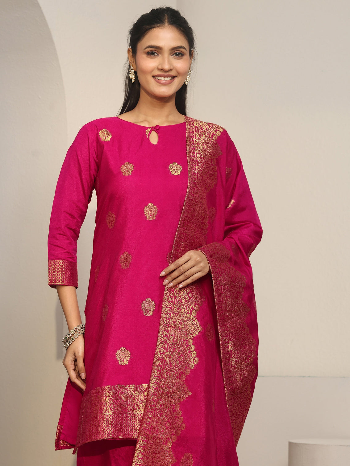Mameraa Rani Pink Woven Chanderi Silk Palazzo Suit Set