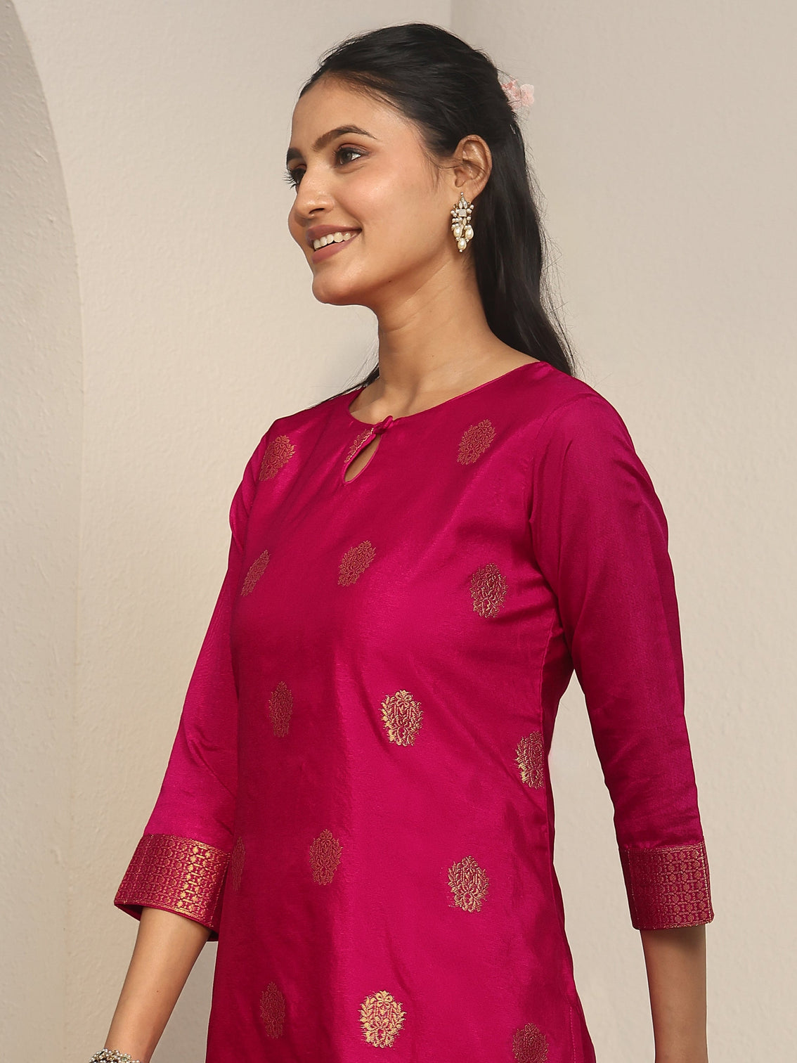 Mameraa Rani Pink Woven Chanderi Silk Palazzo Suit Set
