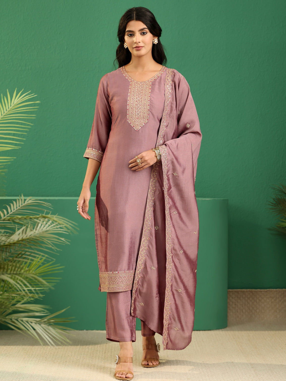Mameraa Mauve Embellished Chanderi Silk Straight Suit Set
