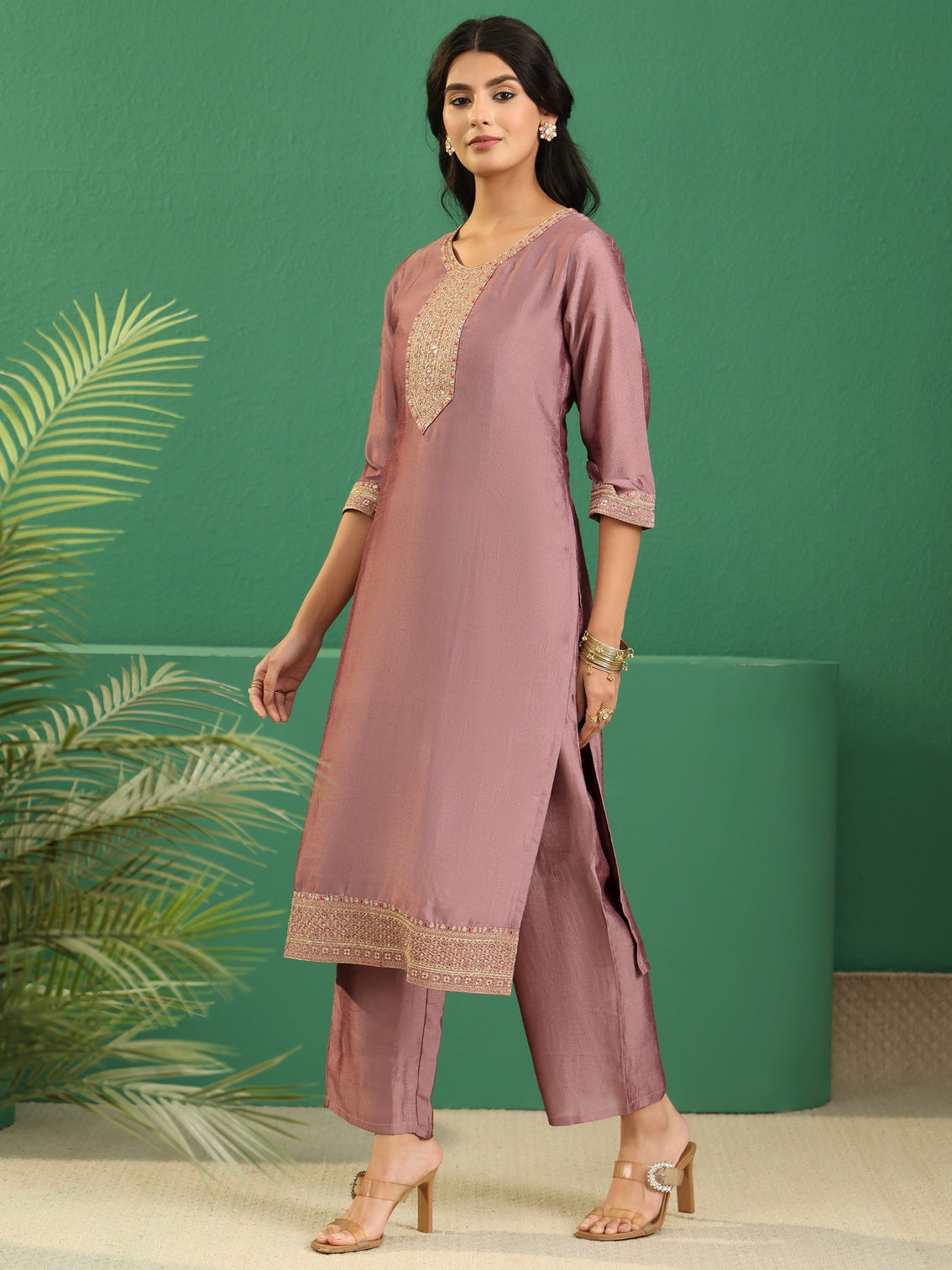 Mameraa Mauve Embellished Chanderi Silk Straight Suit Set