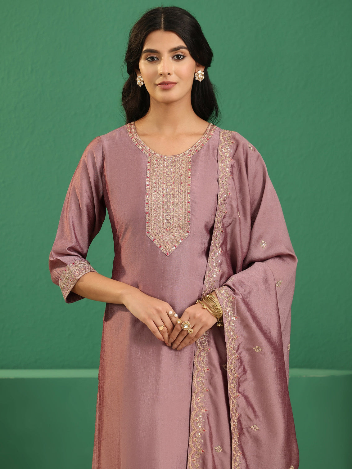 Mameraa Mauve Embellished Chanderi Silk Straight Suit Set