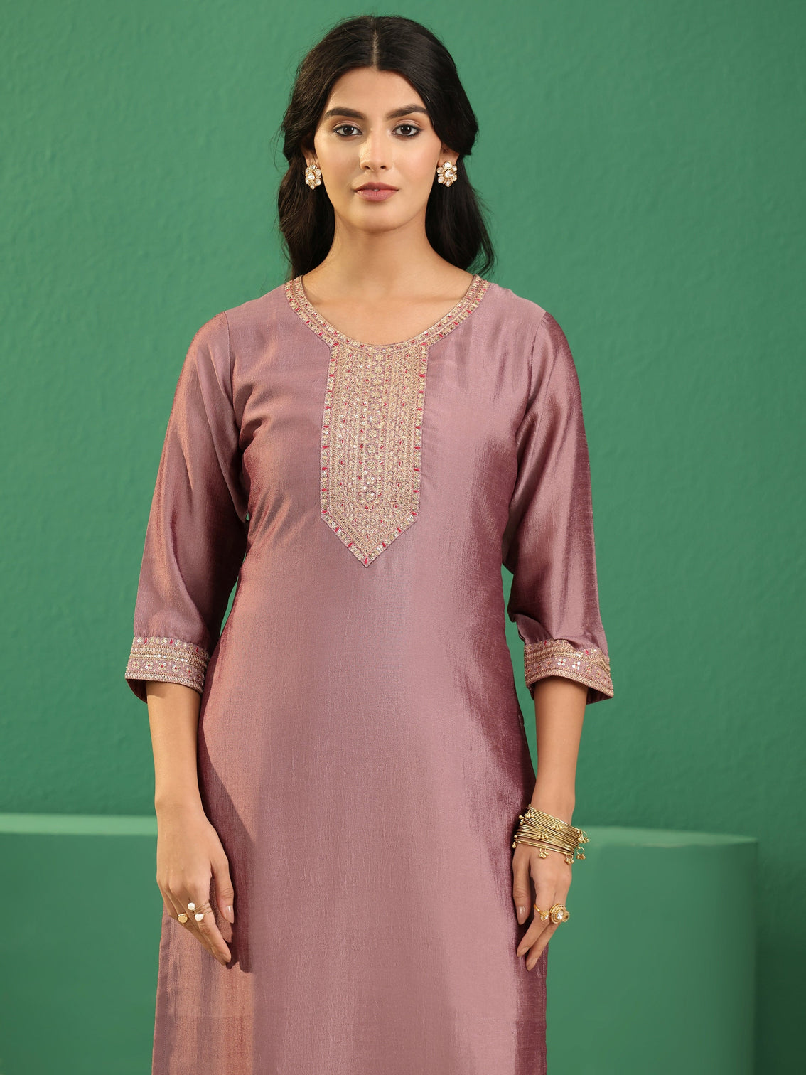 Mameraa Mauve Embellished Chanderi Silk Straight Suit Set