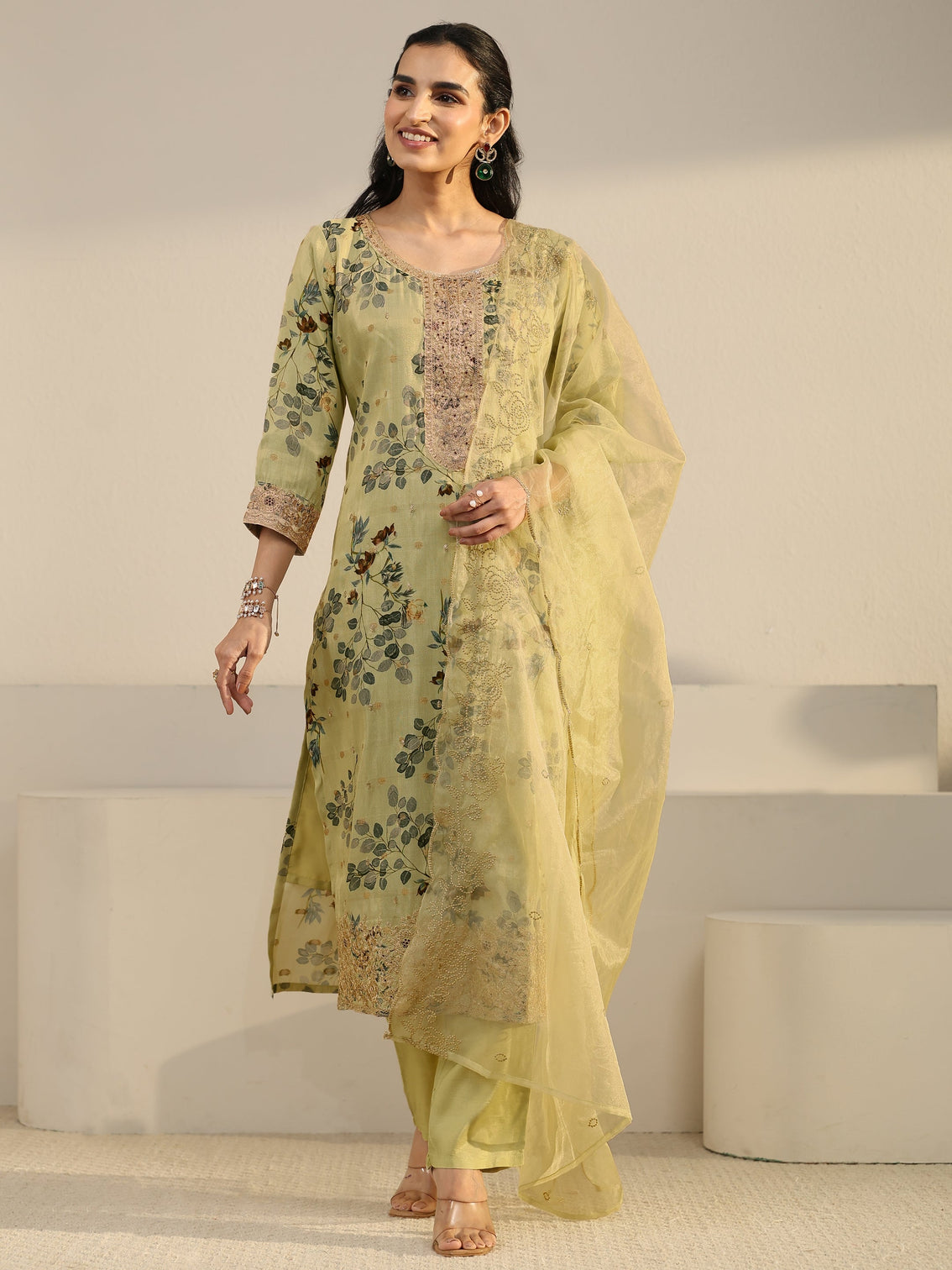 Mameraa Light Sage Green Floral Printed Silk Blend Straight Suit Set