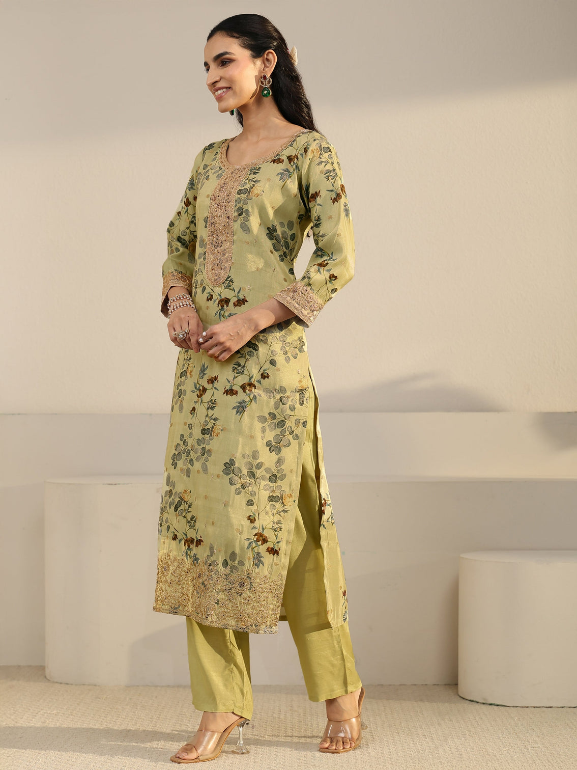 Mameraa Light Sage Green Floral Printed Silk Blend Straight Suit Set