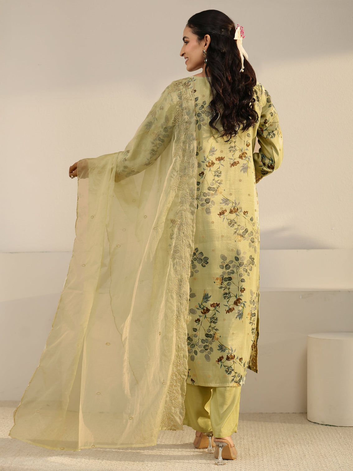 Mameraa Light Sage Green Floral Printed Silk Blend Straight Suit Set