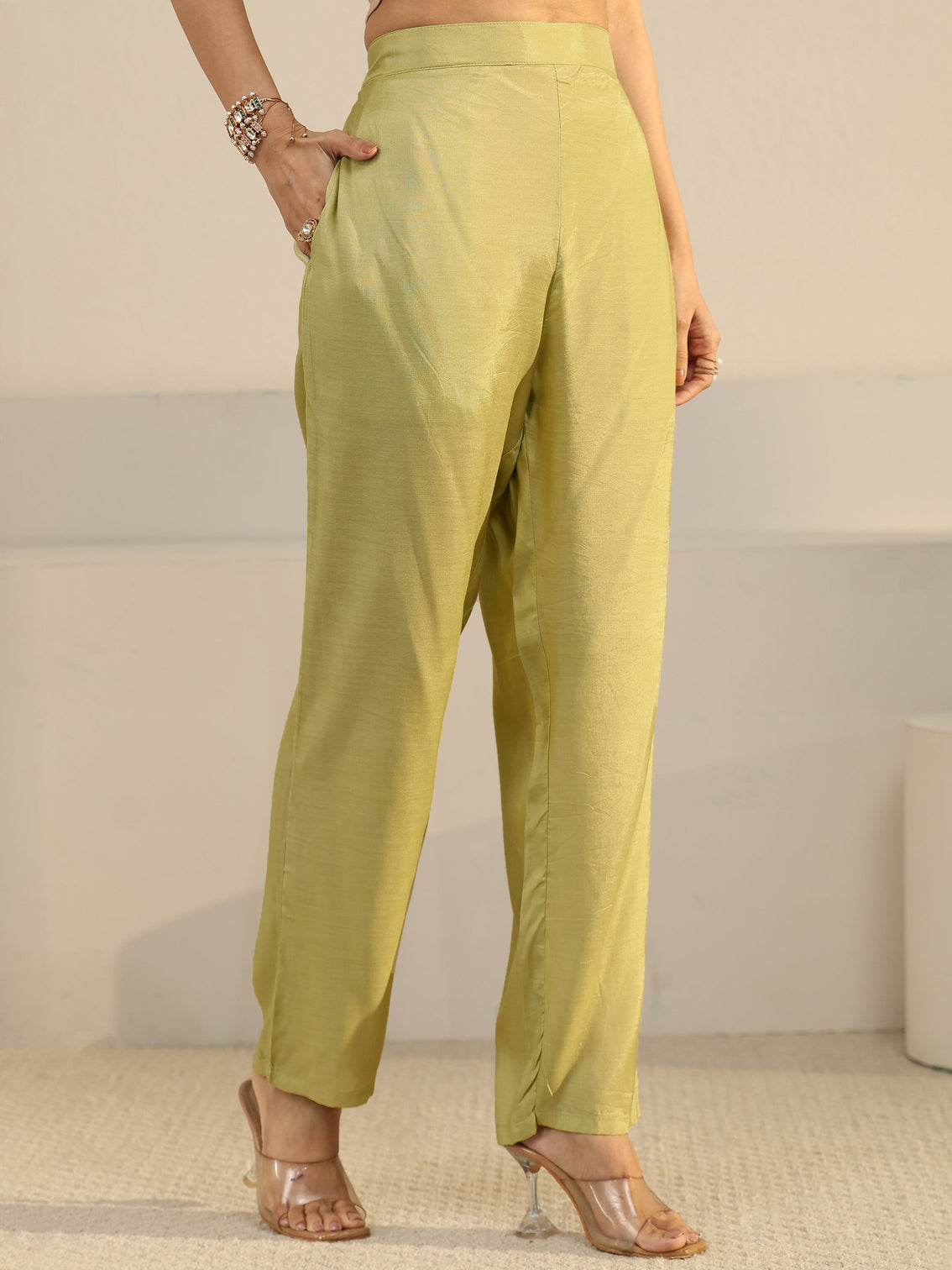 Mameraa Light Sage Green Floral Printed Silk Blend Straight Suit Set