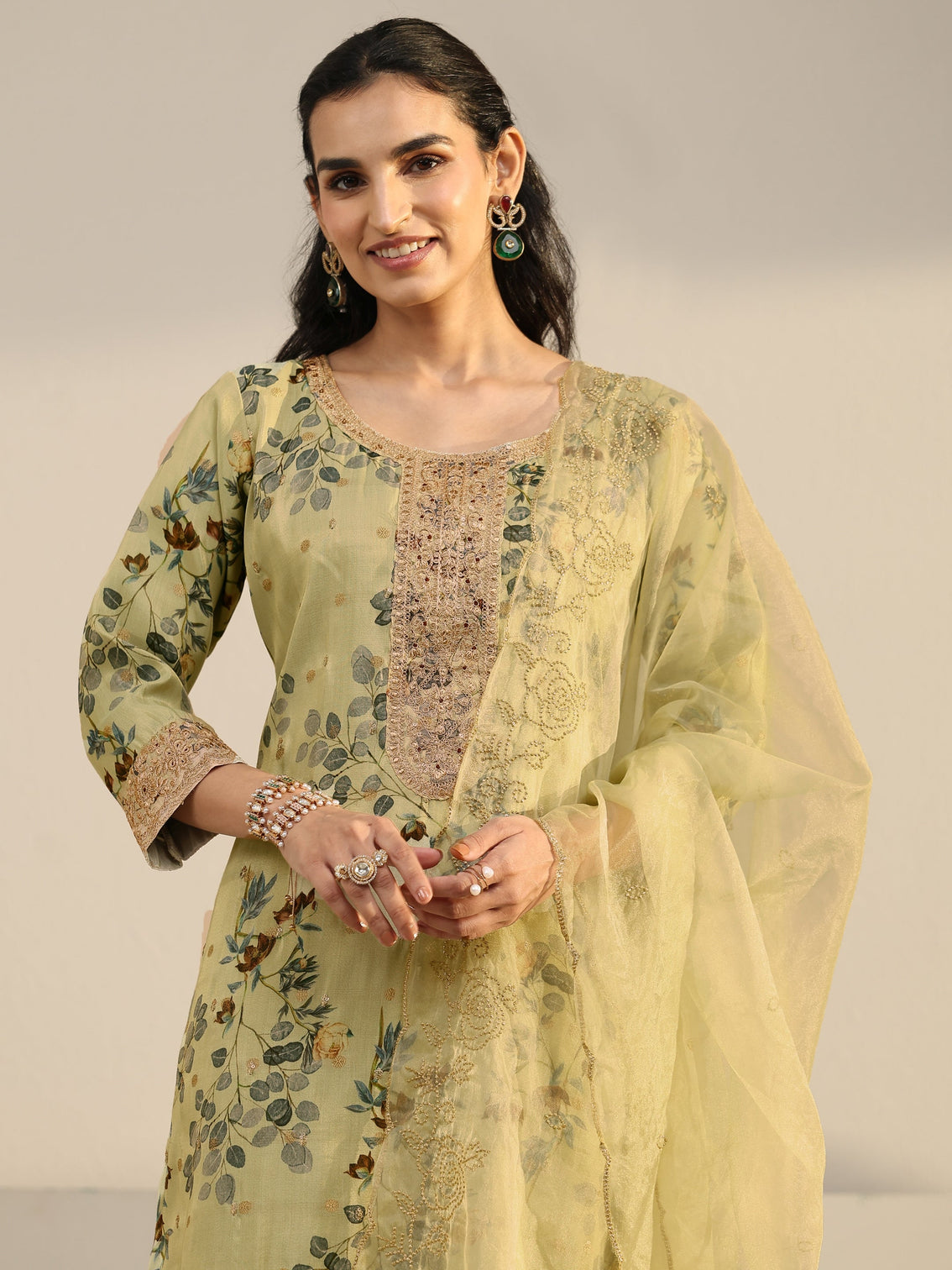 Mameraa Light Sage Green Floral Printed Silk Blend Straight Suit Set