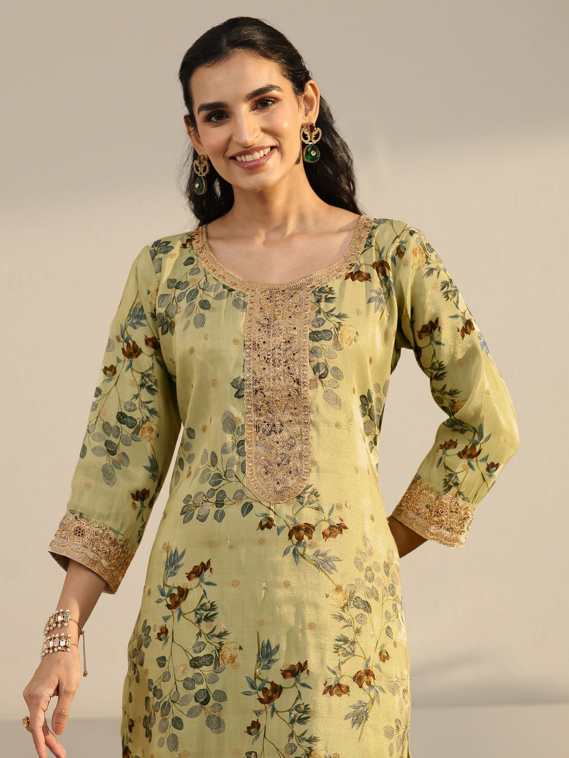 Mameraa Light Sage Green Floral Printed Silk Blend Straight Suit Set