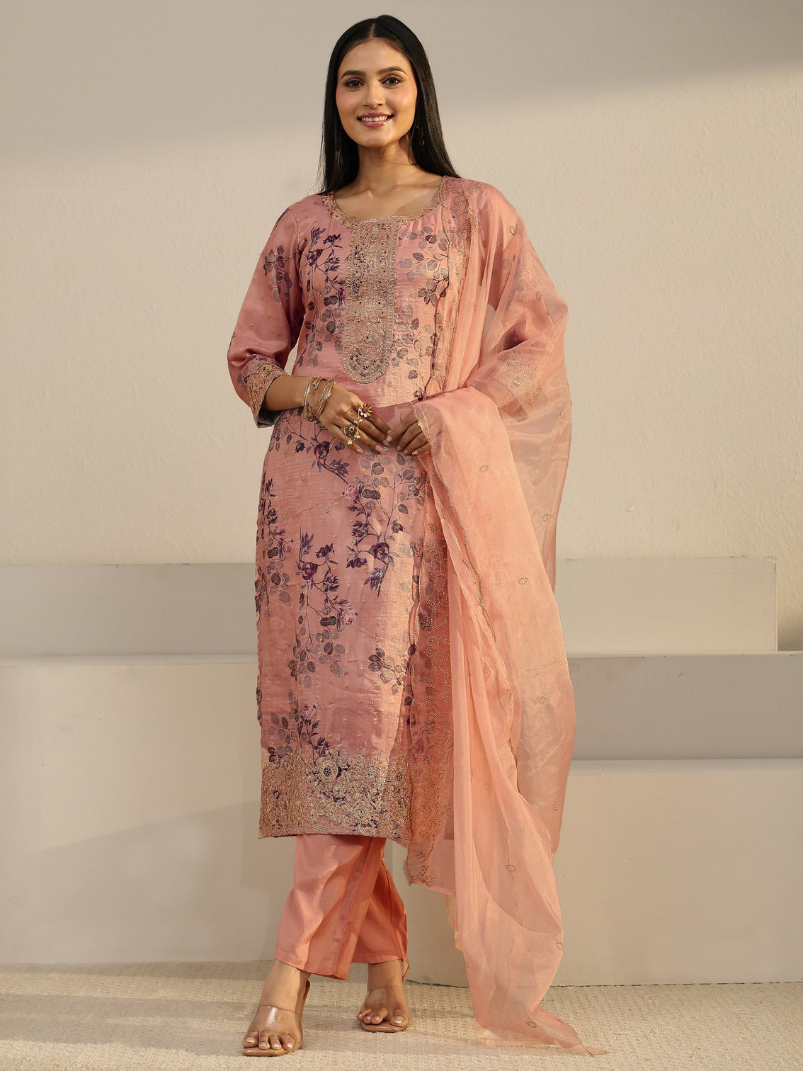 Mameraa Peach Pink Floral Printed Silk Blend Straight Suit Set