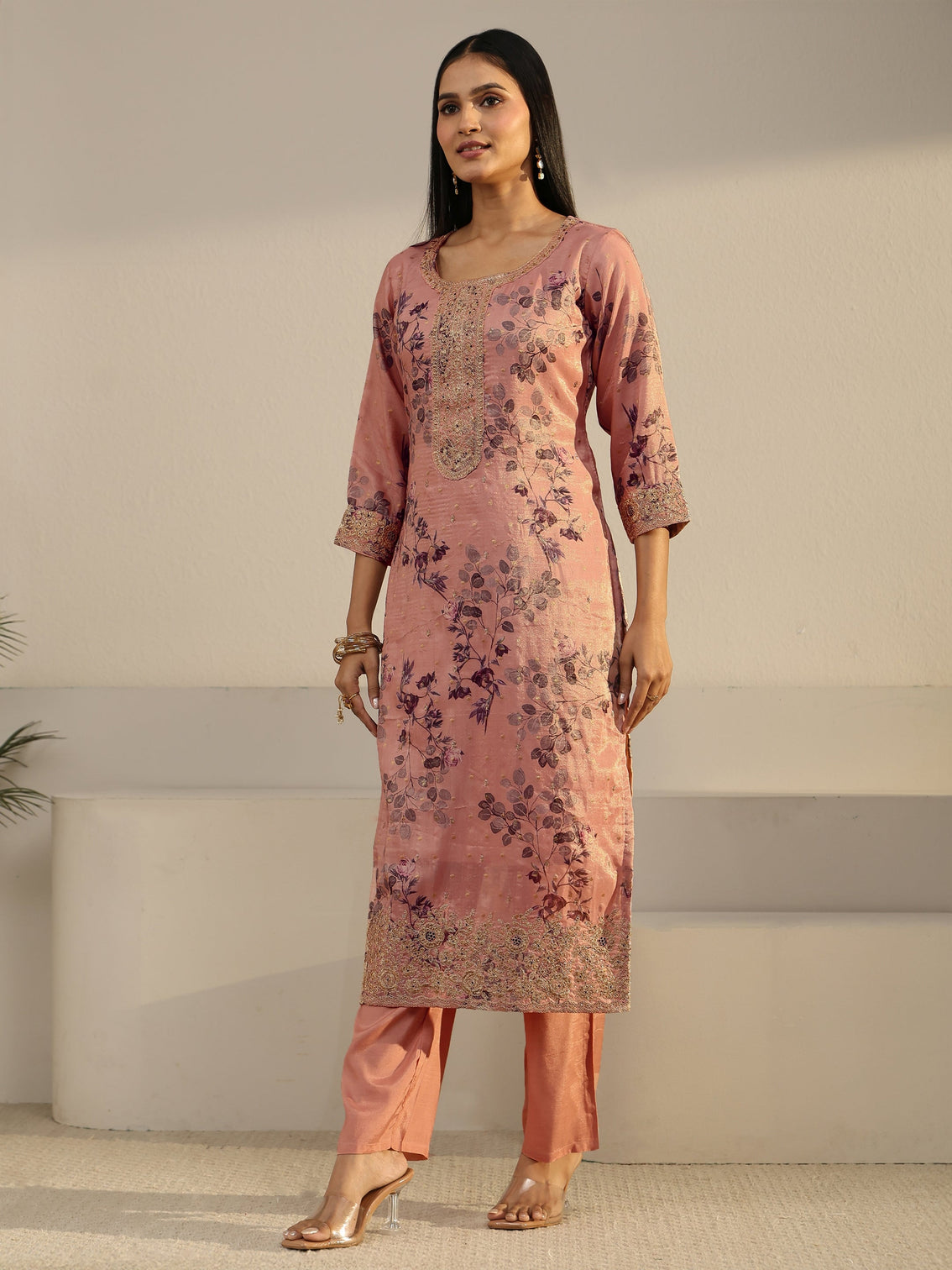 Mameraa Peach Pink Floral Printed Silk Blend Straight Suit Set