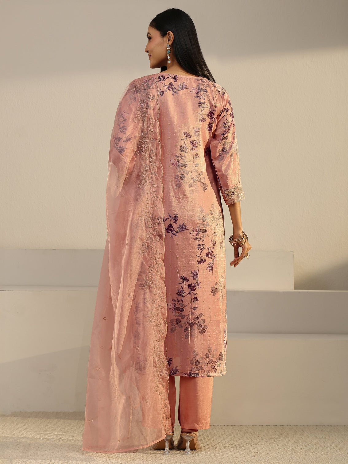 Mameraa Peach Pink Floral Printed Silk Blend Straight Suit Set