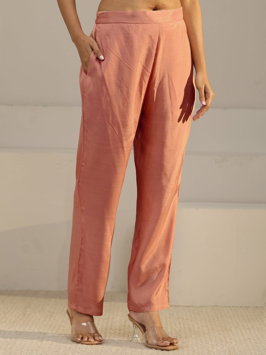 Mameraa Peach Pink Floral Printed Silk Blend Straight Suit Set