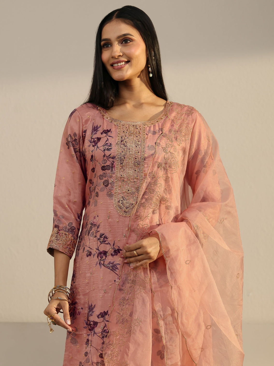 Mameraa Peach Pink Floral Printed Silk Blend Straight Suit Set