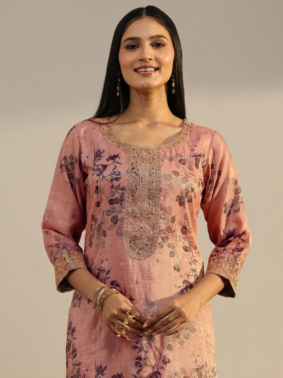 Mameraa Peach Pink Floral Printed Silk Blend Straight Suit Set