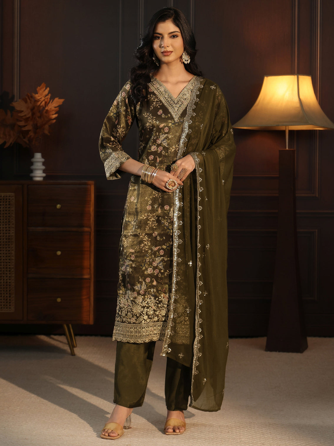 Mameraa Green Floral Printed Silk Blend Straight Suit Set