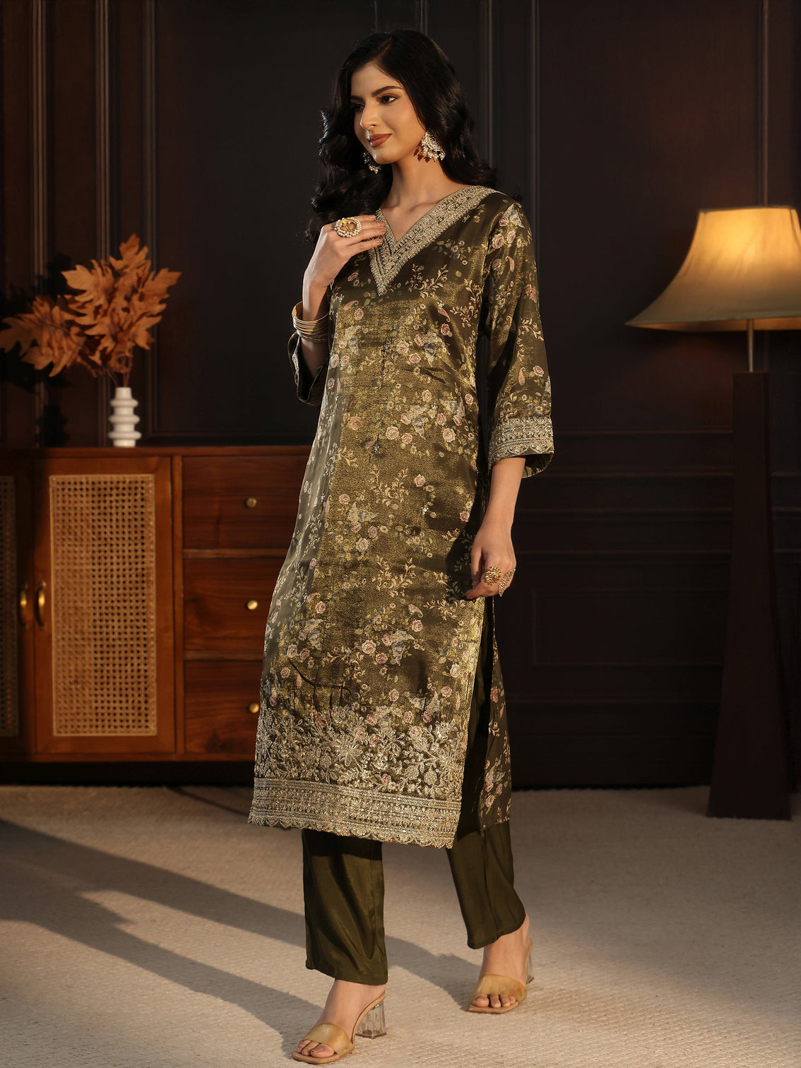 Mameraa Green Floral Printed Silk Blend Straight Suit Set