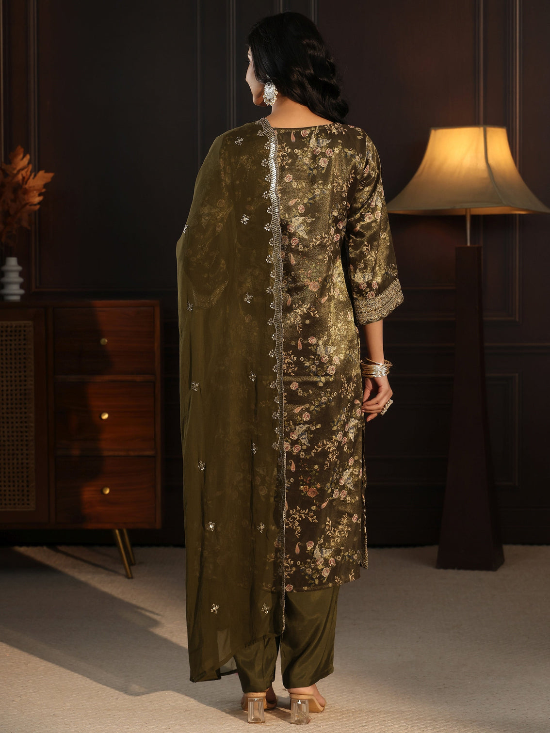 Mameraa Green Floral Printed Silk Blend Straight Suit Set