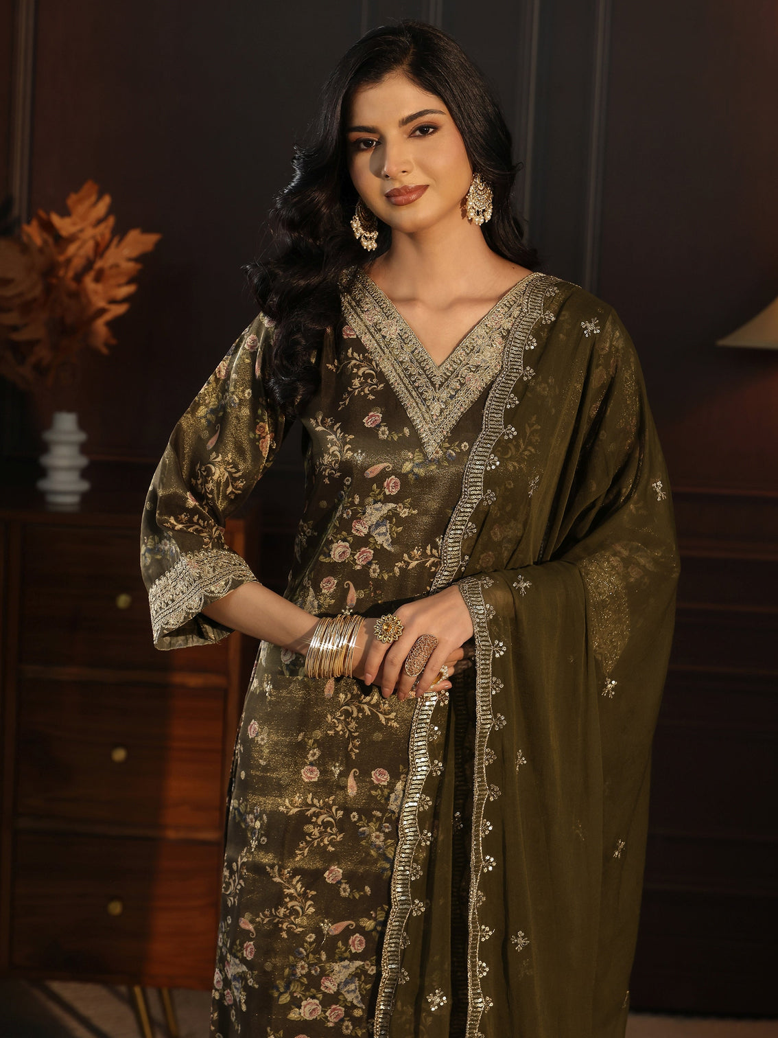 Mameraa Green Floral Printed Silk Blend Straight Suit Set