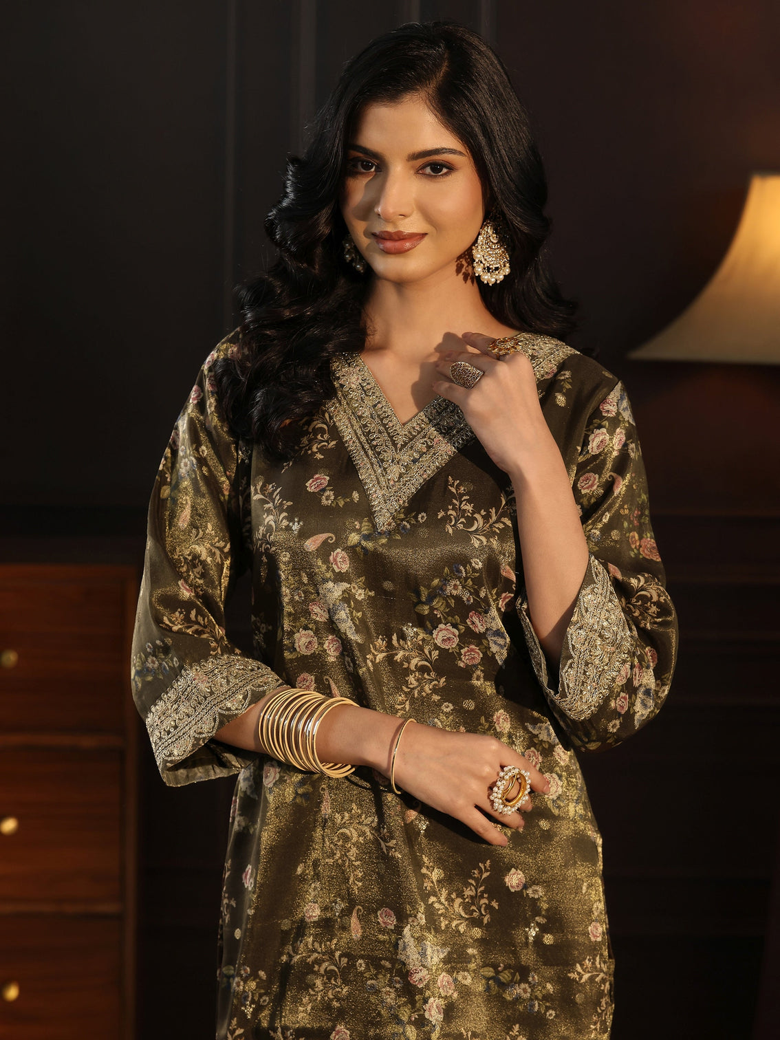 Mameraa Green Floral Printed Silk Blend Straight Suit Set