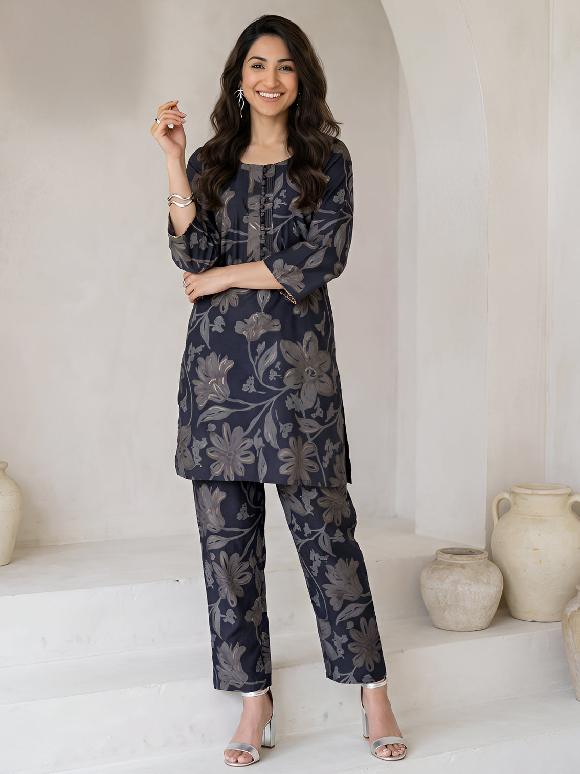 Mameraa Navy Blue Floral Printed Silk Blend Co-Ord Set