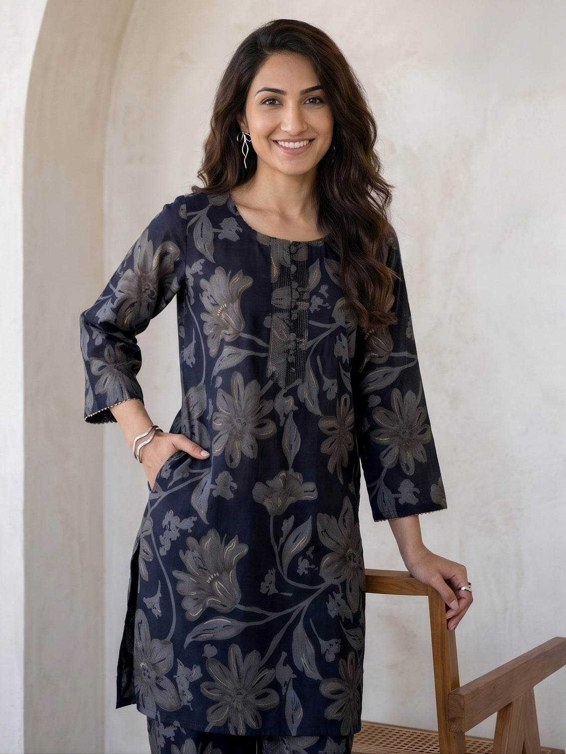 Mameraa Navy Blue Floral Printed Silk Blend Co-Ord Set