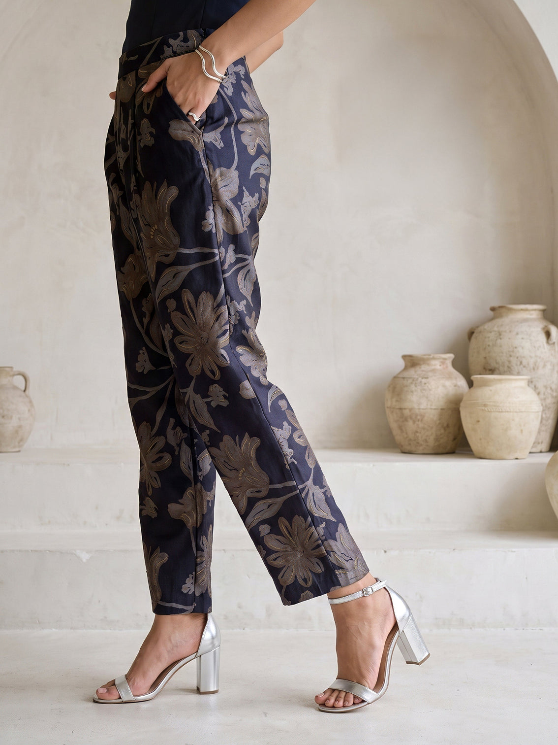 Mameraa Navy Blue Floral Printed Silk Blend Co-Ord Set