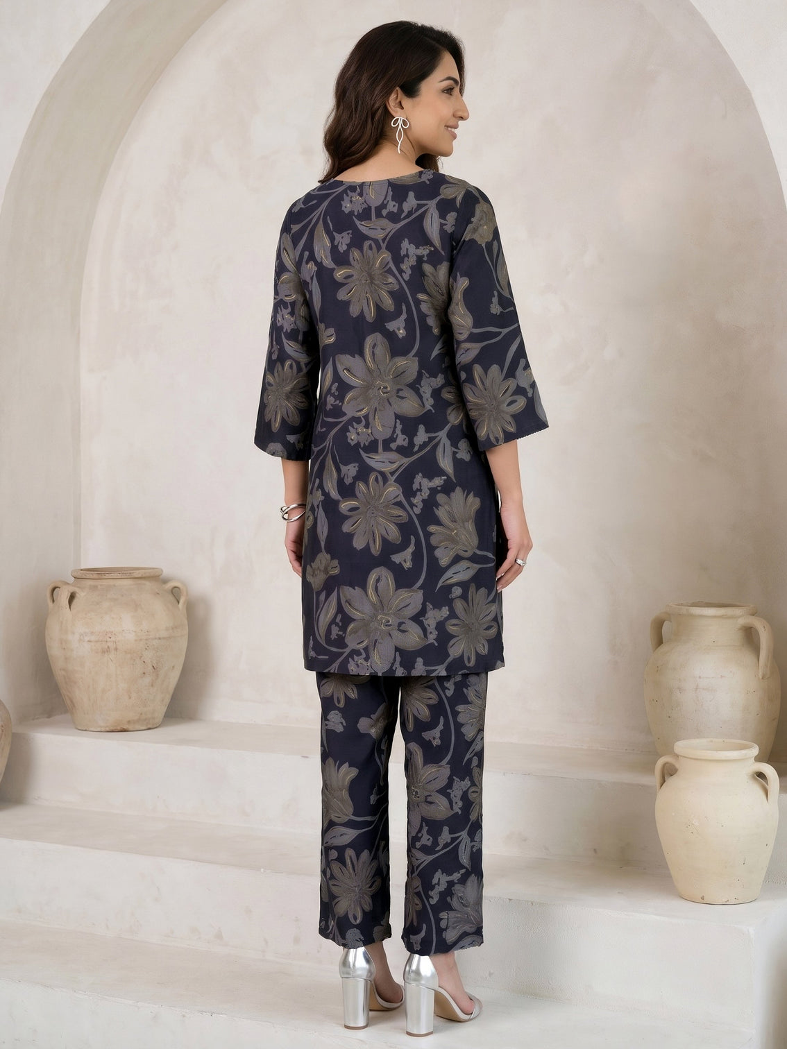 Mameraa Navy Blue Floral Printed Silk Blend Co-Ord Set