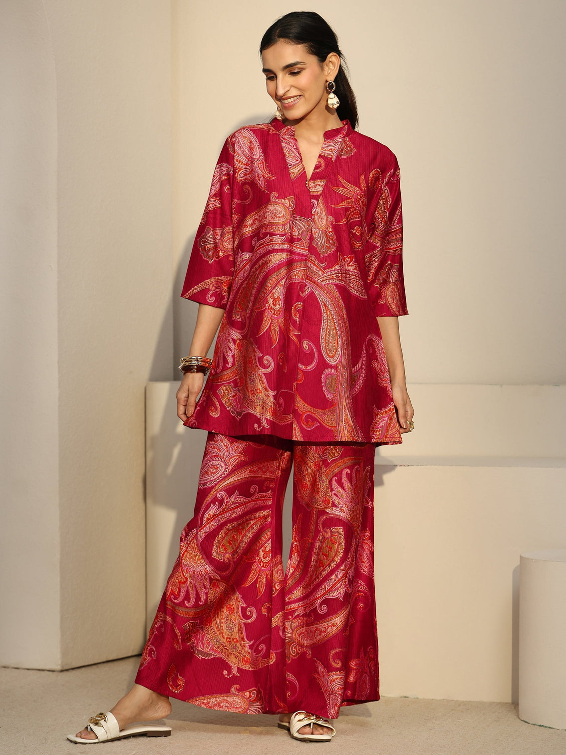 Mameraa Ruby Red Paisley Printed Silk Blend Co-Ord Set
