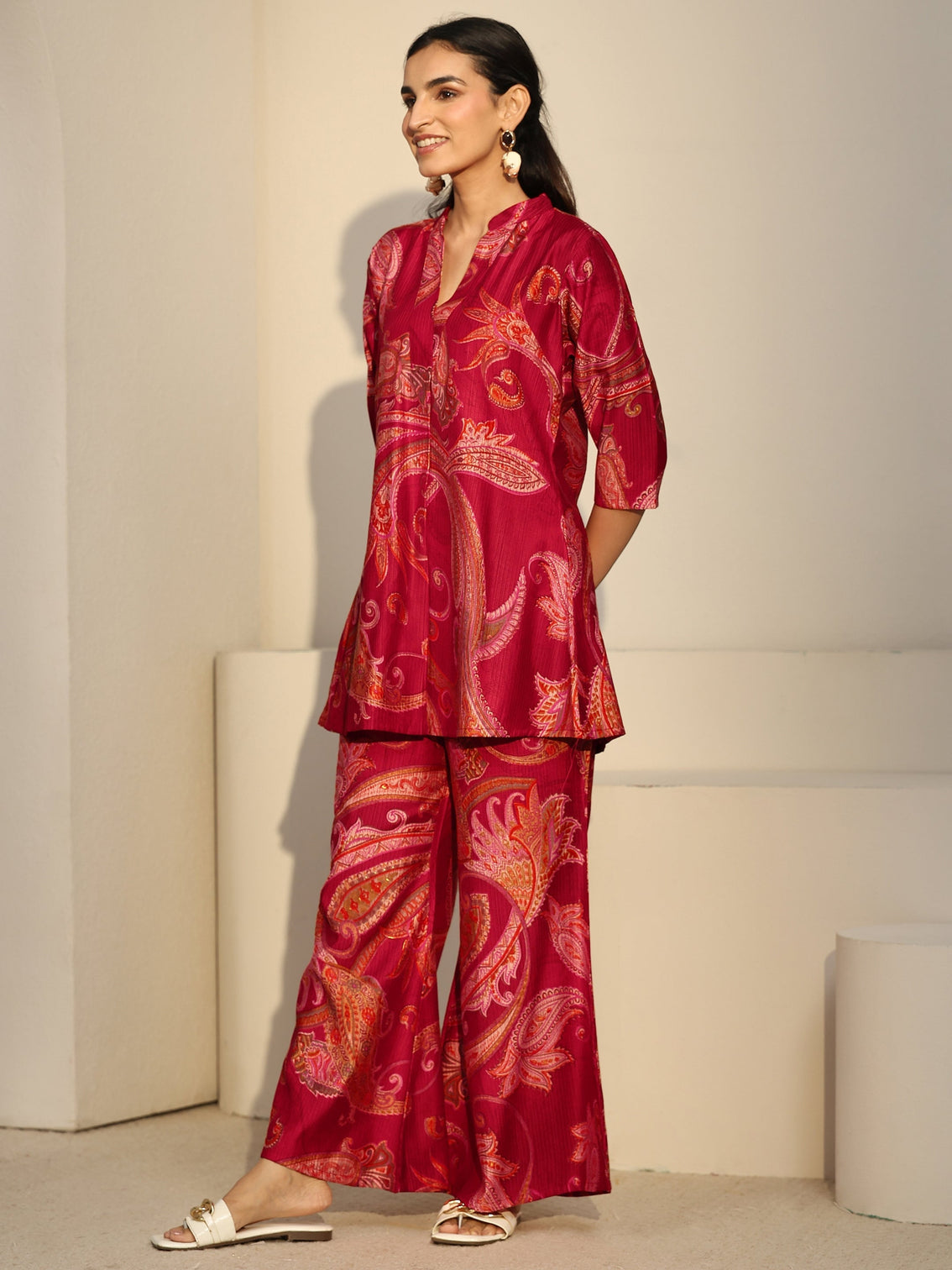 Mameraa Ruby Red Paisley Printed Silk Blend Co-Ord Set