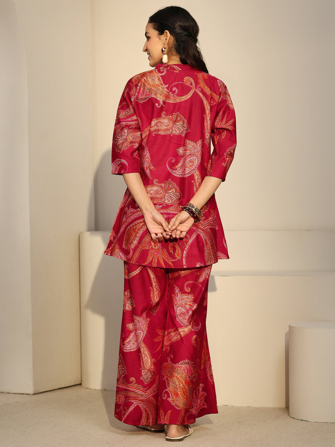 Mameraa Ruby Red Paisley Printed Silk Blend Co-Ord Set