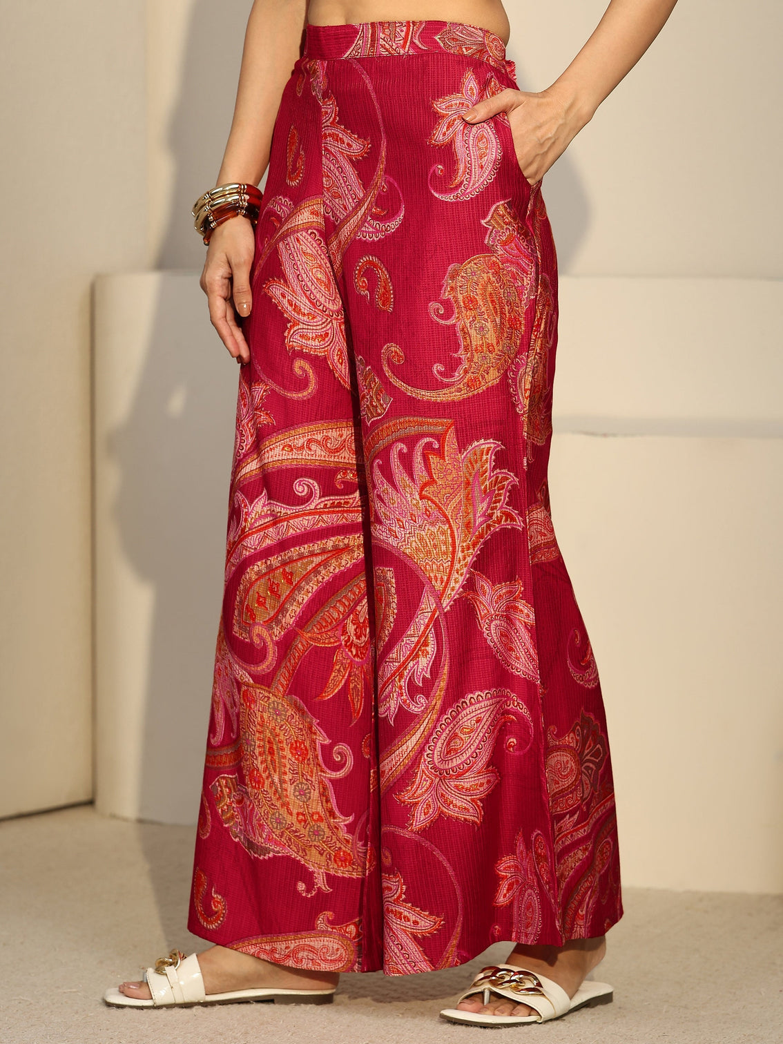Mameraa Ruby Red Paisley Printed Silk Blend Co-Ord Set