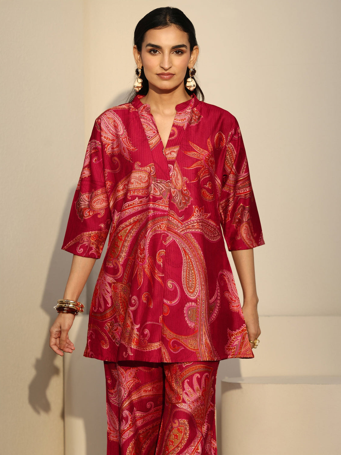 Mameraa Ruby Red Paisley Printed Silk Blend Co-Ord Set