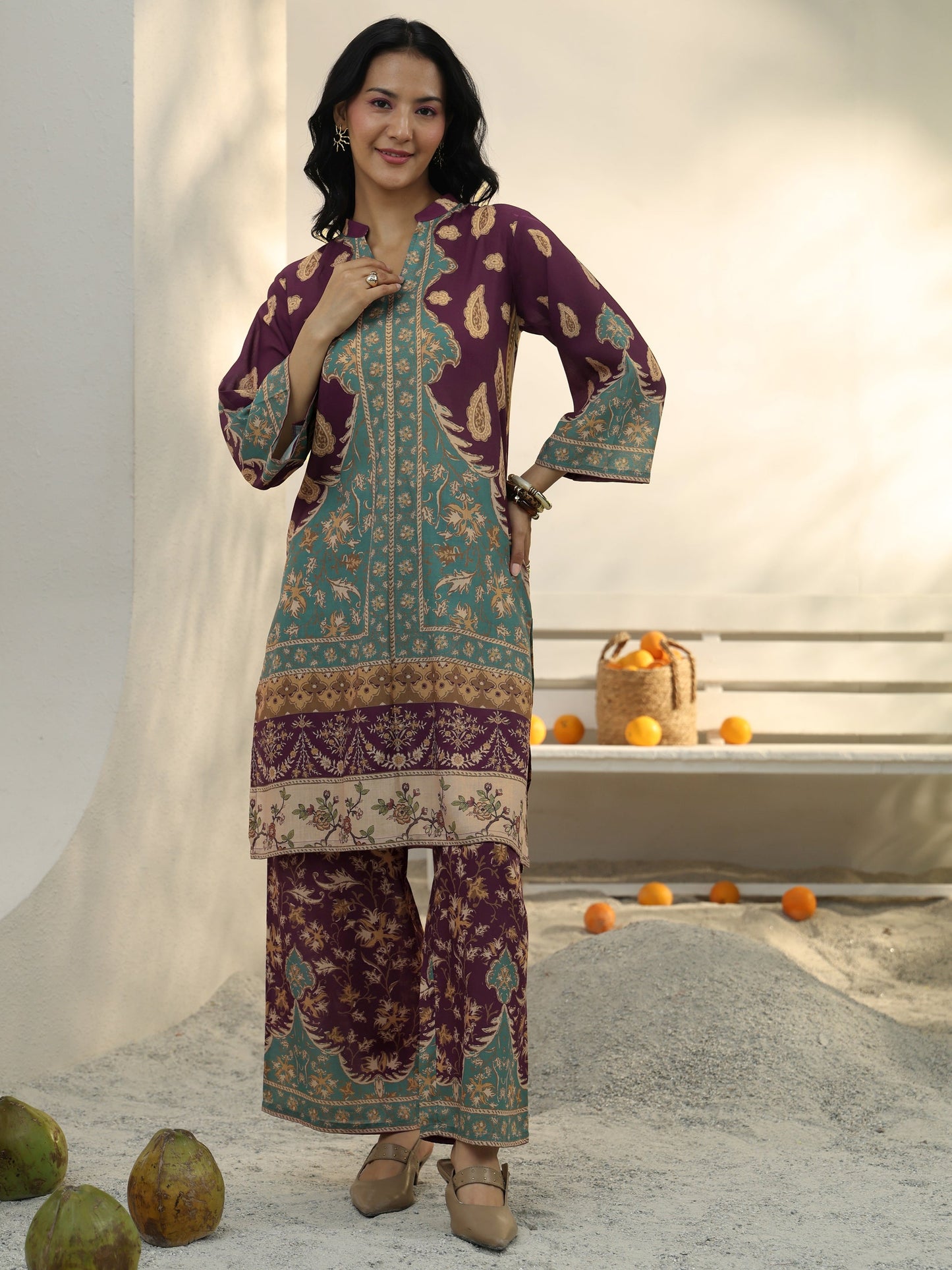 Libas Burgundy Floral Printed Cotton Blend Co-Ord Set