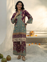 Libas Burgundy Floral Printed Cotton Blend Co-Ord Set