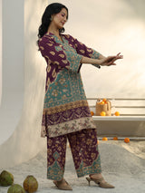 Libas Burgundy Floral Printed Cotton Blend Co-Ord Set