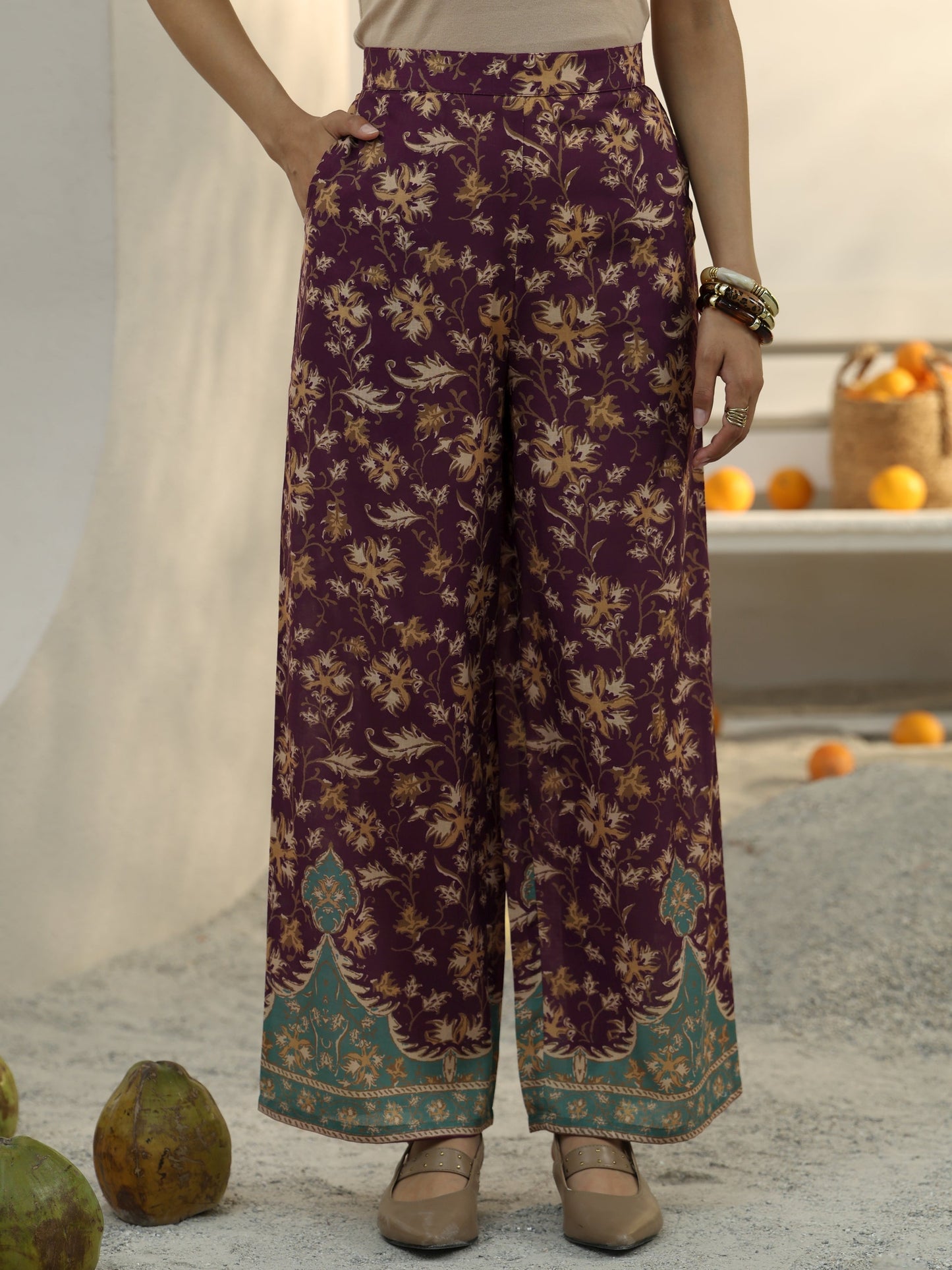 Libas Burgundy Floral Printed Cotton Blend Co-Ord Set