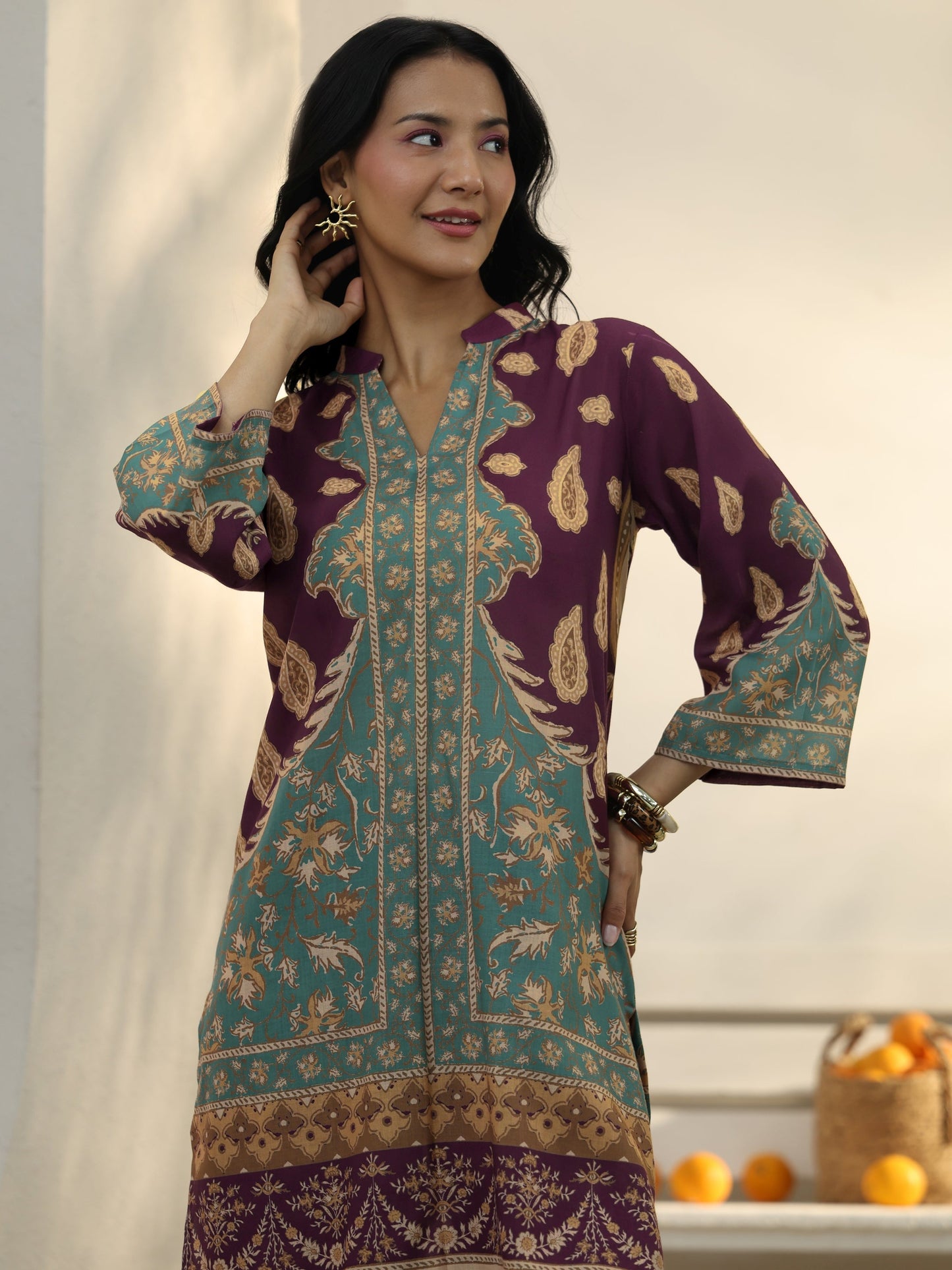 Libas Burgundy Floral Printed Cotton Blend Co-Ord Set