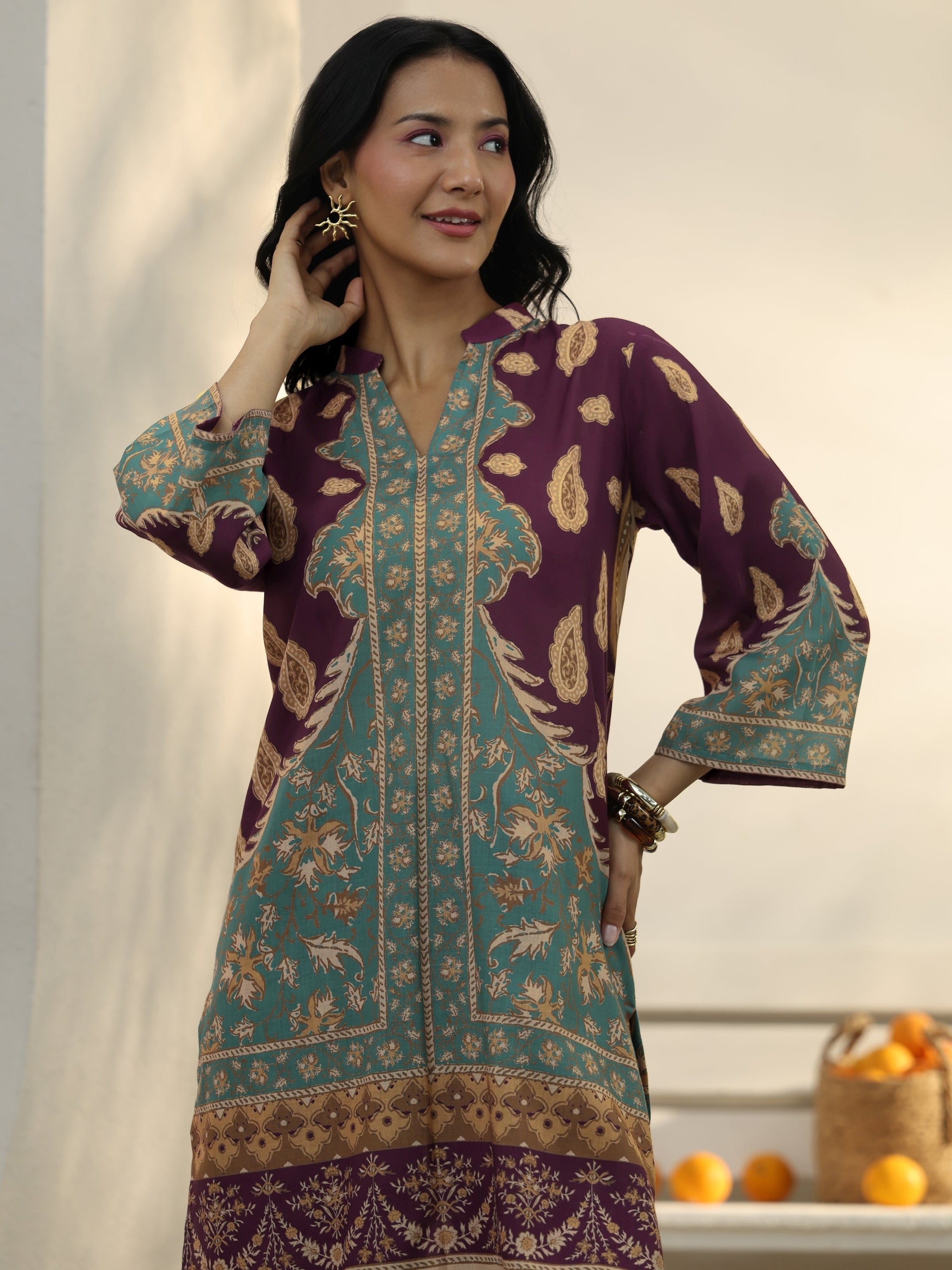 Libas Burgundy Floral Printed Cotton Blend Co-Ord Set