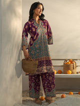 Libas Burgundy Floral Printed Cotton Blend Co-Ord Set