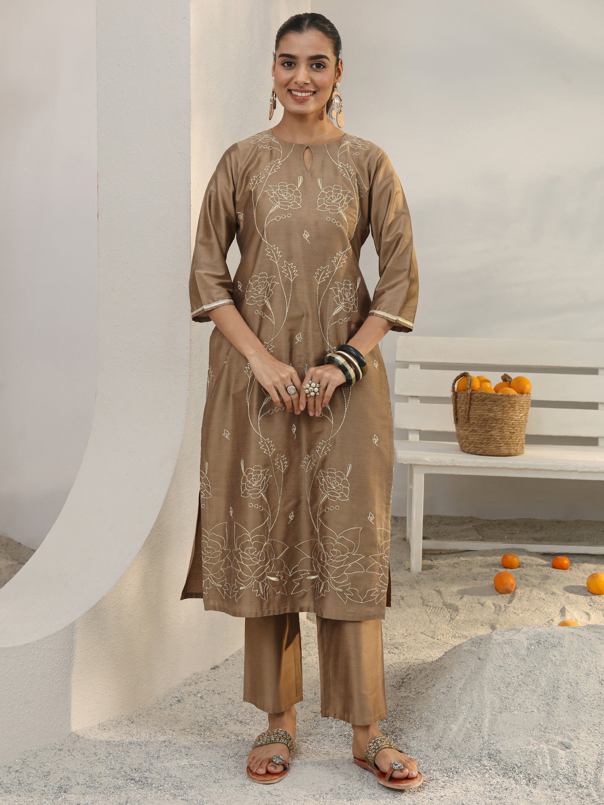 Libas Brown Floral Embroidered Silk Blend Straight Kurta Set